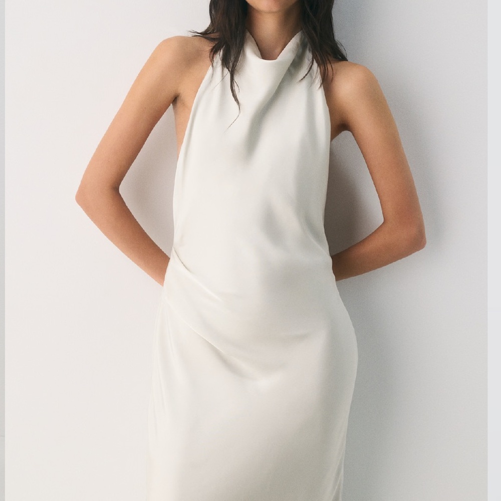 Aritzia Audience Satin Halter Dress in Matte Pearl (size 2)